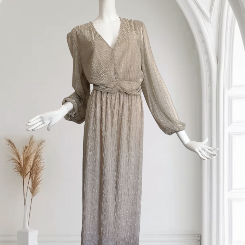 Elegant Long Sleeve Metallic Beige Maxi Dress